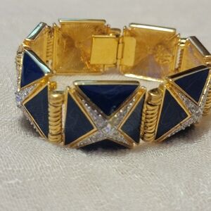 Vintage Hutton Wilkinson Gold Tone & Royal Blue Enamel Blue Geometric Bracelet
